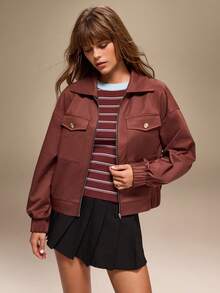 Qadelle Women's Casual Solid Color Drop Shoulder Long Sleeve Regular Jacket - Coffee Brown - View 3