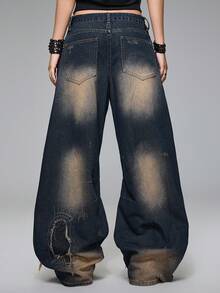 ROMWE Grunge Punk Quần jeans ống rộng cạp thấp màu xanh đậm cổ điển Y2K vá lỗi rách - Màu xanh lam - Xem 2