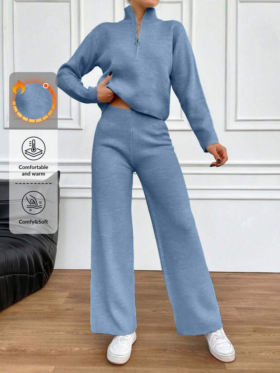EURMUSE 2pcs Ladies' Solid Color Zip Front Long Sleeve Sweater And Knitted Long Pants Set - Dusty Blue - View 1
