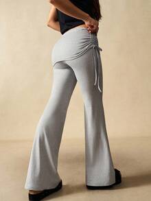 VARSIVA 翻边紧身裤 女士纯色侧抽绳设计喇叭运动裤 - 淺灰色 - 查看 9