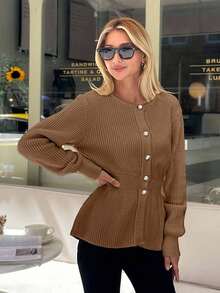 EURMUSE Women Solid Color Front Button Round Neck Cardigan,Cardigans,Long Cardigans Woman,Petite,Tall - Camel - View 3