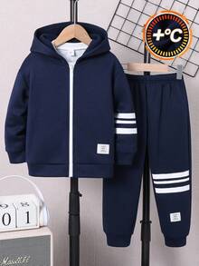Conjunto de 2 piezas de sudadera con capucha y pantalones casuales para niños, gráfico de letras blanco y rayas blancas y azul marino, ajuste relajado, apto para uso diario, escuela, deportes, otoño/invierno, uniformes escolares, esenciales - Azul Marino - Ver 4