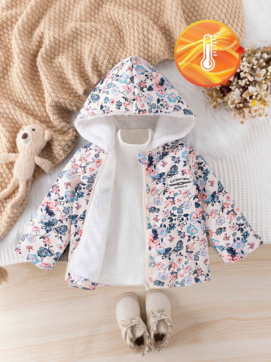 SHEIN Vintaside Kids 复古碎花连帽女婴外套，拉链闭合，保暖内衬，休闲时尚冬季外套，女婴夹克，女婴外套，女婴连帽夹克 - 杏色 - 查看 1