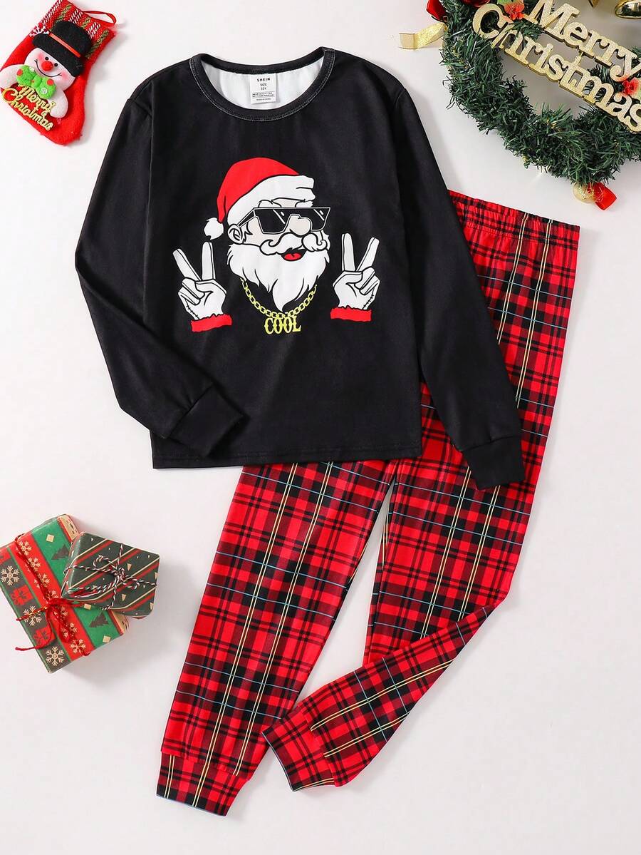 SHEIN Bộ đồ ngủ dài tay cổ tròn in hình ông già Noel dành cho trẻ em/bé trai tuổi teen, gồm áo và quần in họa tiết kẻ caro, màu đen và đỏ, phù hợp cho mùa thu/đông - Nhiều màu - Xem 1