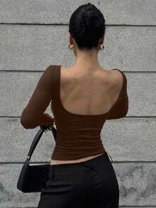 DAZY 女式纯色露背紧身长袖T恤 - 棕色 - 查看 5