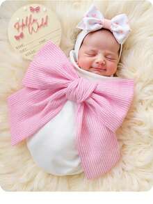 SHEIN Newborn Photography Swaddle Blanket With Pink Bow, A Prop For Baby Girls, Made Of Pink Striped Textured Fabric With A Bow. - Pink - View 1