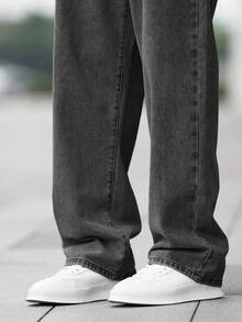 青少年男孩时尚休闲 Y2k 复古酷炫街头风回归校园学院风秋冬基础款蓝色牛仔羊毛底宽松牛仔裤，适合日常穿着、秋冬季节锐舞派对以及居家穿着，街头风校园宽松牛仔裤 - 灰色 - 查看 3