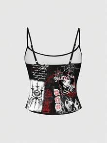 ROMWE Áo ba lỗ nữ kinh dị đen tối bí ẩn vết máu Anime cô gái Punk mắt đá quý nhện ngọn lửa đường phố Punk thập tự giá - màu đen - Xem 2