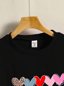 SHEIN Girls Cute Cartoon Heart Pattern Comfortable Round Neck 2 In 1 Long Sleeve T-Shirt - Black - View 3