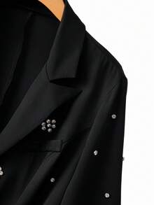 Elenzga Plus Size Women's Elegant Lapel 3/4 Sleeve Faux Pocket Bubble Pearl Floral Design Casual Fitted Blazer Jacket, Winter - Black - View 3