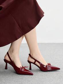 CUCCOO BIZCHIC Pointed Toe Stiletto Heel Bowknot Burgundy Backless Fashionable Minimalist Women's High Heel Pumps - Burgundy - View 5