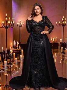 Glamrae 加大码优雅浪漫黑色深 V 不对称领口长袖透明奢华串珠网眼拼接紧身美人鱼下摆缎面荷叶边连衣裙，适合派对、庆典、婚礼、正式晚礼服 - 黑色 - 查看 4