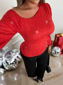 Xyvia 女士新款秋冬性感优雅万圣节、圣诞节、感恩节、新年派对、休闲、日常、通勤、办公室上衣。时尚闪亮、高弹针织面料、斜肩、灯笼袖、长袖、收腰、修身、玫红色T恤 - 紅色 - 查看 7