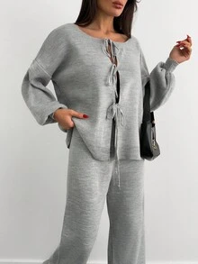 RueChic 2 piezas Conjunto de cárdigan con cordón y pantalones de punto de unicolor, informal - Gris Claro - Ver 5