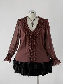 Sunspun Plus Size Women Elegant V-Neck Chiffon Blouse, Suitable For Dates - Brown - View 4