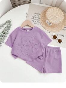 SHEIN Babygirl Cute Casual Pink 3D Cartoon Pattern Embossed Short Sleeve Top And Elastic Waist Shorts Set - Mauve Purple - View 2