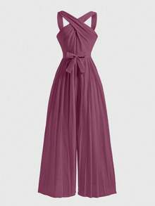 青少年女孩圆领无袖腰部拼接褶皱优雅派对连体裤 - 紫色 - 查看 6