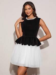 Enchnt 女士优雅仿珍珠装饰天鹅绒和网眼荷叶边腰连衣裙