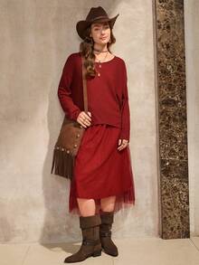 Wildy Women's Casual Commuting Simple Solid Ribbed Knit Drop Shoulder Loose Long Sleeve T-Shirt And Mesh Layered Skirt Set, Spring/Autumn - Burgundy - View 2