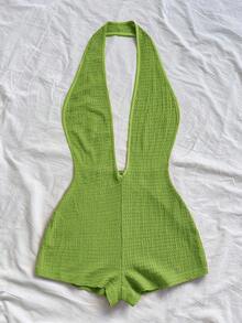 Soleia 女士度假白色针织纹理波浪图案深 V 领露背性感紧身衣，时尚合身，适合派对、约会、下午茶、波西米亚风度假、海滩、夏季服装 - 薄荷綠 - 查看 4