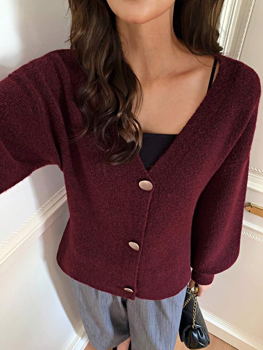 Elyressa Áo khoác cardigan cài nút màu trơn thường ngày dành cho nữ, Thu/Đông - Màu Đỏ Sâu - Xem 1
