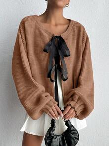 EURMUSE Women's Drop Shoulder Long Sleeve Bowknot Ribbon Thick Knit Cardigan,Petite Cardigans,Cardigans - Camel - View 4