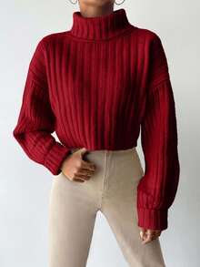 EURMUSE Women's Casual Solid Color Turtleneck Cropped Sweater, Autumn/Winter,Jumper,Cream Jumper,Jumpers,Black Jumper,Womens Jumper,White Jumper,Women's Jumper,Women's Jumpers - Red - View 3