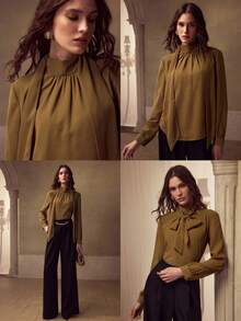 MOTF PREMIUM Blusa de gasa de cuello alto con diseño de cinta - Marrón Mocha - Ver 1