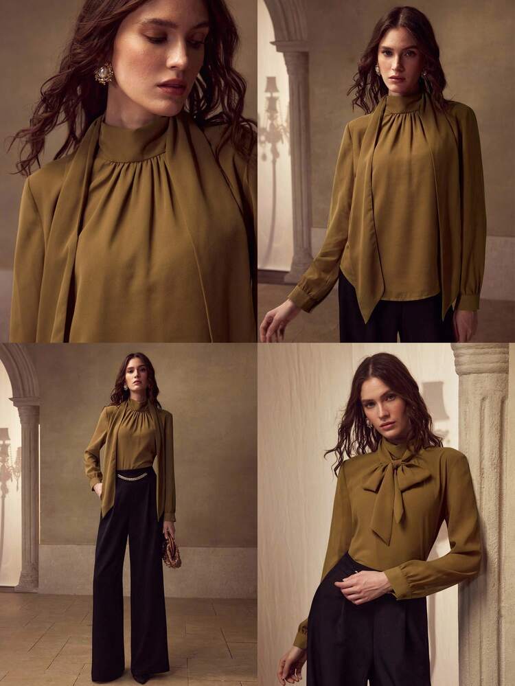 CHIFFON SOLID HIGH NECK DESIGN RIBBON BLOUSE