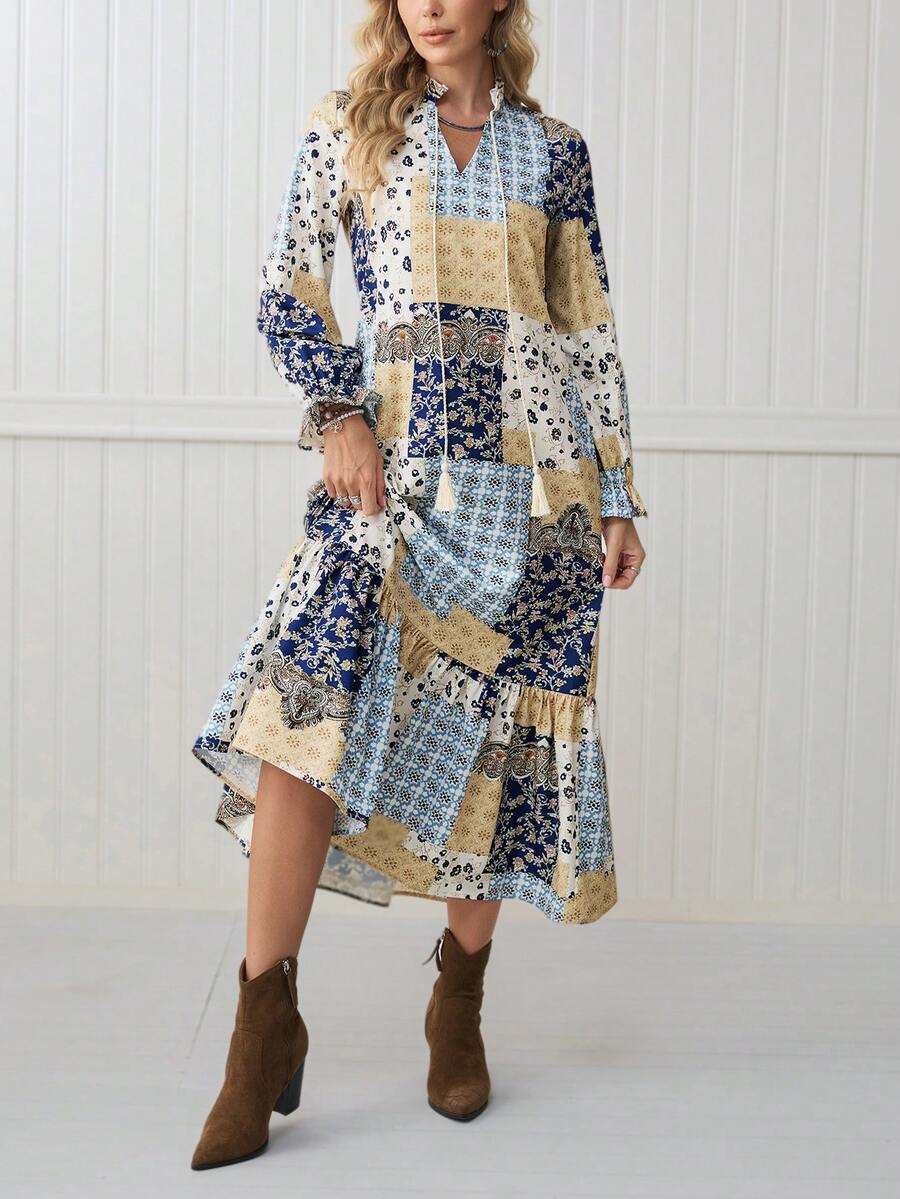 SHEIN LilyWest Váy họa tiết hoa Bohemian phối màu cho nữ có tua rua, viền nhún bèo, tay dài, cổ buộc, dáng rộng, nhiều màu, mùa thu - Nhiều màu - Xem 1