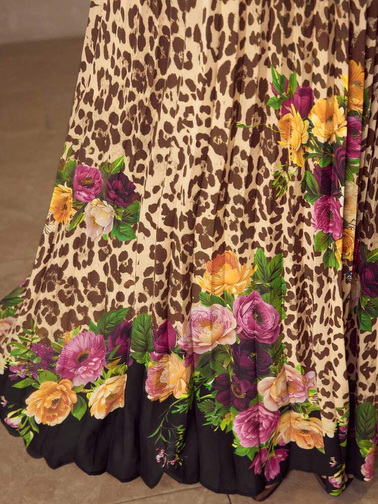 WOMEN'S LEOPARD PRINT ELEGANT PLEATED LONG FLOWY SKIRT, AUTUMN