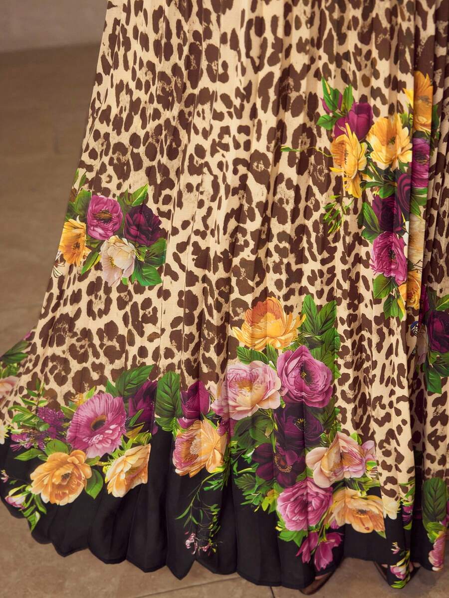 MOTF PREMIUM WOMEN'S LEOPARD PRINT ELEGANT PLEATED LONG FLOWY SKIRT, AUTUMN - Brown - View 2