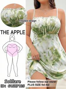 Solflare 大码女式无袖夏季彩色花卉印花网眼连衣裙，配有褶皱胸部和蝴蝶结装饰 - 軍綠色 - 查看 1