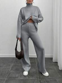 EURMUSE Women Solid Color Rib Knit Drop Shoulder High Neck Pullover & Sweater Pants Set,Petite,Winter Clothes - Light Grey - View 5