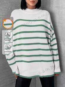 SHEIN Cottnline Women's Striped Drop Shoulder Sweater - Mint Green - View 1