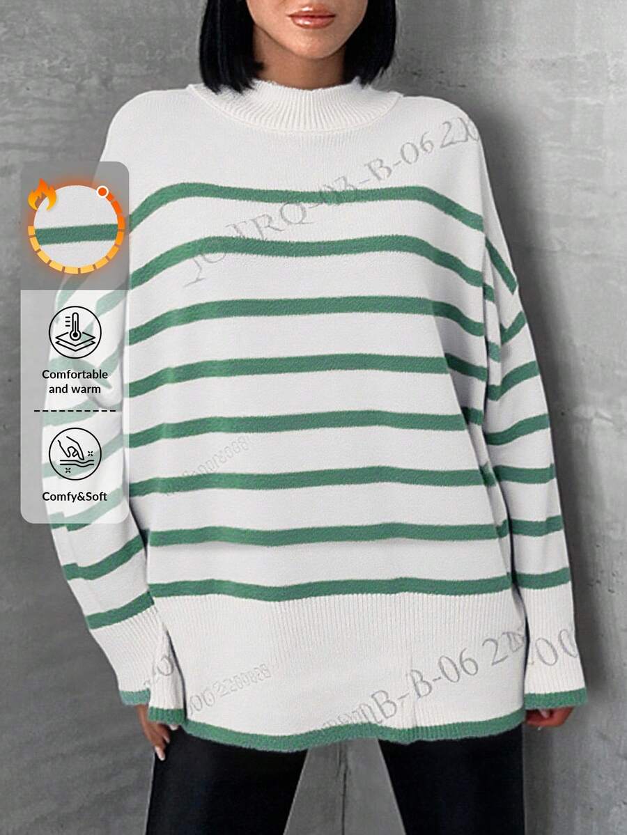 SHEIN Cottnline Women's Striped Drop Shoulder Sweater - Mint Green - View 1