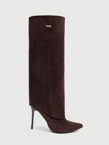 CUCCOO SZL Sepatu Bot Setinggi Lutut Stiletto Ujung Lancip Berbahan Suede dengan Dekorasi Logam untuk Wanita, Cocok untuk Natal. - Coffee Brown - View 2