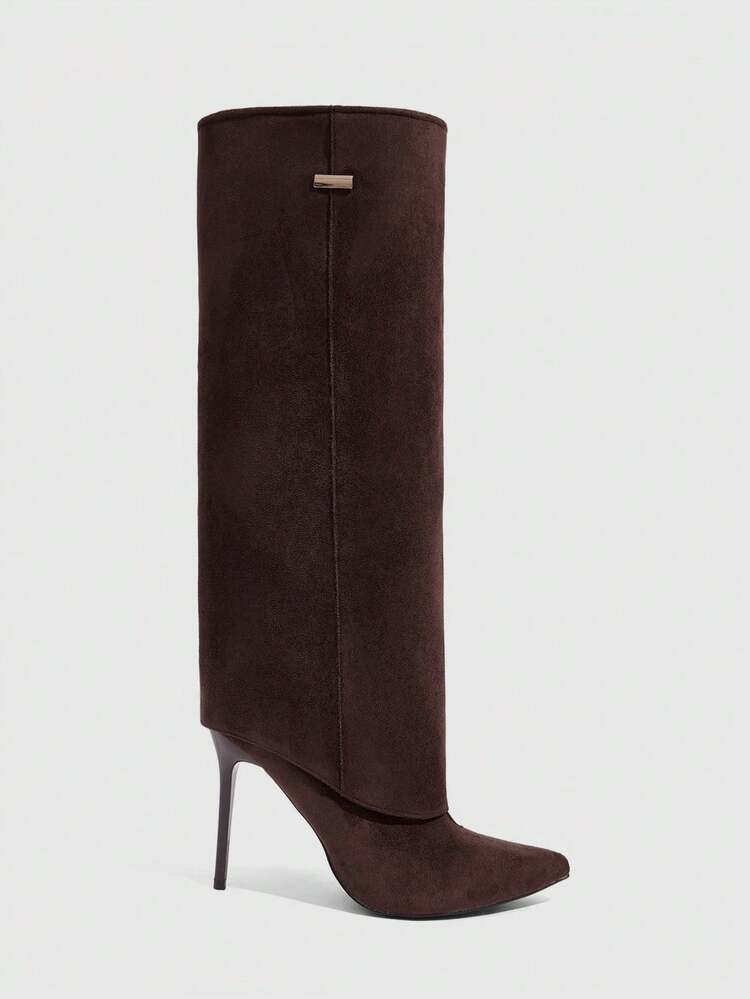 CUCCOO SZL Women's Fashion Suede Metal Decor Wide Leg Pointed Toe Stiletto Knee-High Boots For Christmas