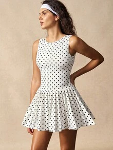 VARSIVA Women's Casual Polka Dot Print Pleated Hem Sports Dress, Summer