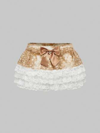 ROMWE Avant Falda acampanada con cuello Peter Pan de encaje retro, estilo vintage de bosque, estilo Mori Kei, estilo Cottagecore, con patrón de ciervos esponjoso y decoración de lazo de cinta