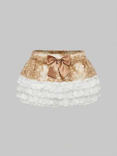 ROMWE Avant Women's Vintage Forest Style Mori Kei Cottagecore Retro Deer Pattern Fluffy Peter Pan Collar Lace Patchwork Ribbon Bow Decor A-Line Skirt