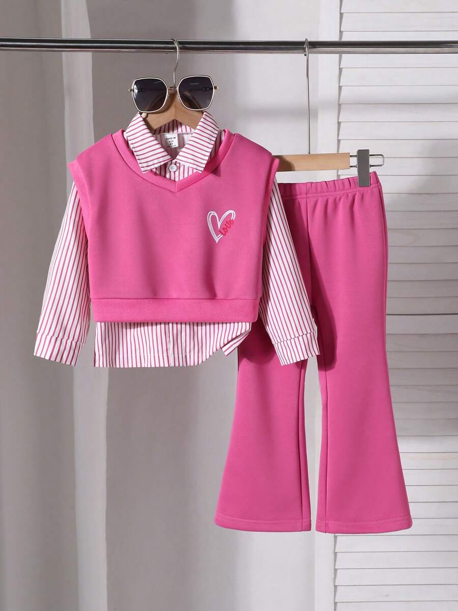 Elladie kids 3件套年轻女孩休闲条纹衬衫+心形印花背心+裤子套装,秋冬 - 玫紅色 - 查看 1