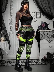 SHEIN Whyspr 大码朋克仿数码印花长款汗衫 - 綠色 - 查看 3