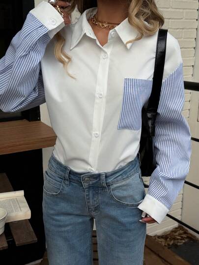 Siren Gaze Women's Striped Patchwork Long Sleeve Casual Shirt, Retro Style Blouse, Autumn Dress, Women's Shirt, Street Style Shirt, Striped Shirt