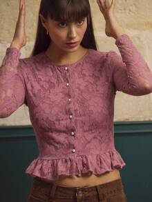 lacRébo Dusty Pink Lace Blouse With Pearl Buttons And Ruffled Hem, Long Sleeves, Chic Fall-Winter - Pink - View 7