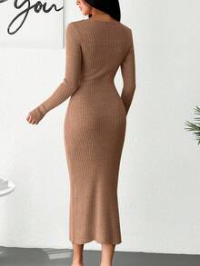 EURMUSE Solid Ribbed Knit Wrap Hem Sweater Dress - Camel - View 2