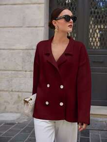 SHEIN Cottnline Women's Casual Everyday Commute Simple Solid Color Lapel Collar Drop Shoulder Loose Double-Breasted Cardigan, Autumn/Winter - Burgundy - View 3