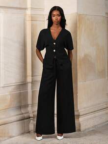 Mima John Elegante cardigan con maniche a campana e doppio petto, camicia casual semplice di colore bianco solido - nero - Visualizzare 6