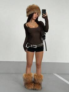 StreetHx Streetwear Women's Off-Shoulder Ribbed Fitted Long Sleeve Sweater, Autumn/Winter - Coffee Brown - View 5