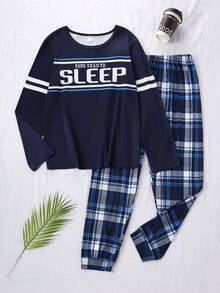 青少年男孩藏青色格子英伦元素组合长袖上衣和裤子，简约时尚的穿搭，适合休闲家居穿着，凸显青少年阳光洒脱的特质 - 藏蓝色 - 查看 3